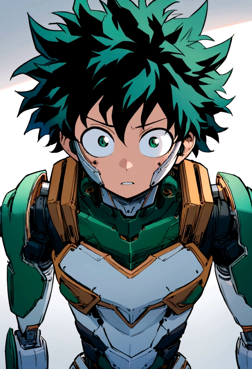 (masterpiece, best quality:1.2), solo, male focus, 1boy, midoriya izuku, short green hair, green eyes,teenager, toned slender body, blank expression, mouth hanging open staring straight forward, anime style, my hero academia style, android, humanoid robot, robotic features, cybernetic anatomy, cybernetic facial structure