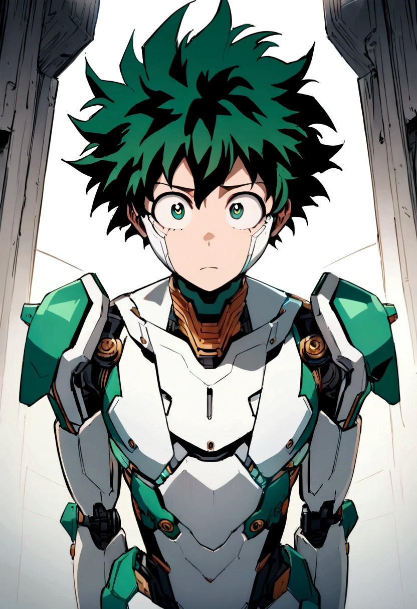 (masterpiece, best quality:1.2), solo, male focus, 1boy, midoriya izuku, short green hair, green eyes,teenager, toned slender body, blank expression, mouth hanging open staring straight forward, anime style, my hero academia style, android, humanoid robot, robotic features, cybernetic ???????, cybernetic facial structure