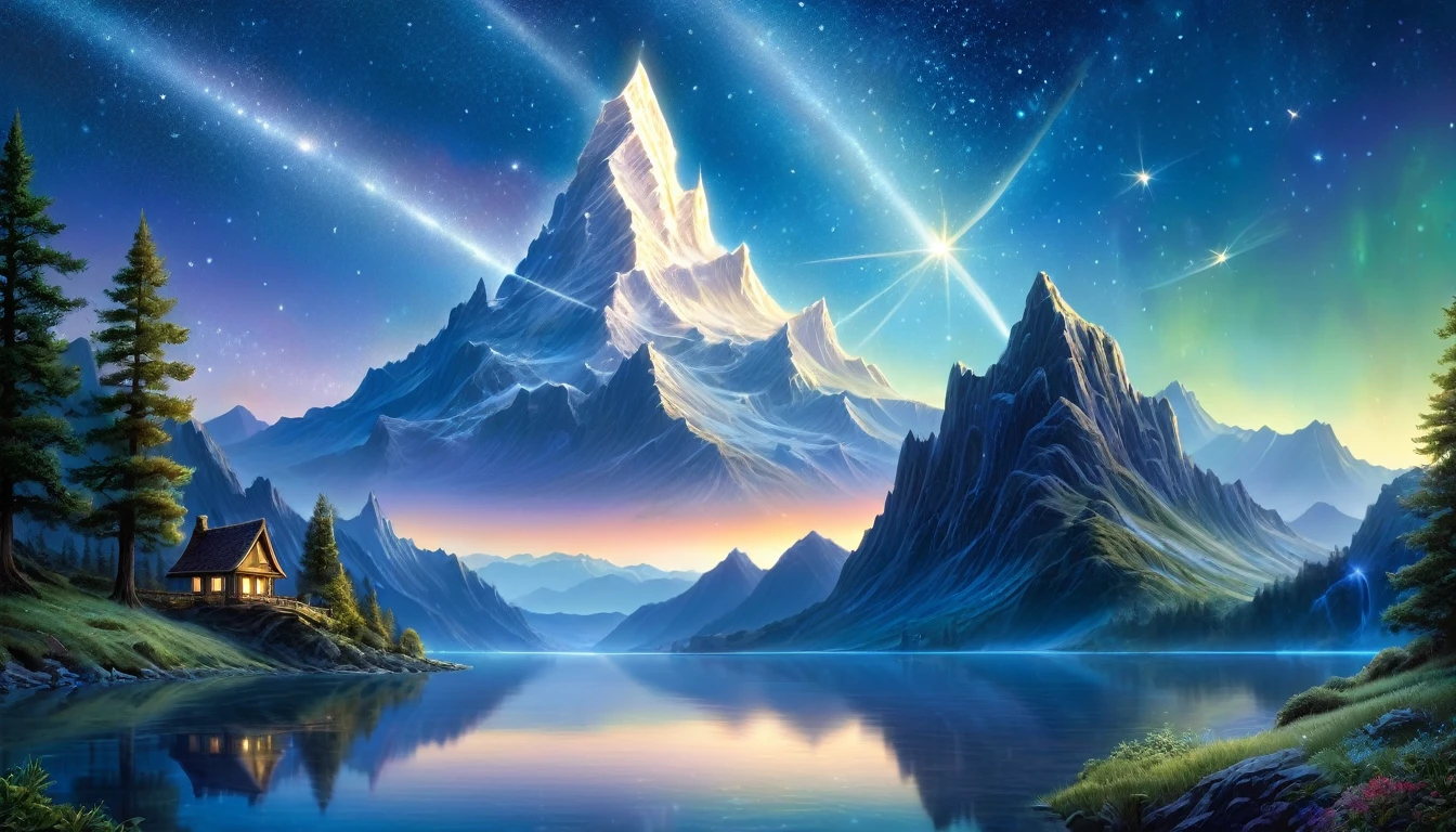 (Highest quality,4K,8K,High resolution,masterpiece:1.2),Super detailed,(Realistic,photoRealistic,photo-Realistic:1.37),landscape,Fantasy art,Starry Sky,Beautiful Mountain々,lake reflection,Magical atmosphere,Concept Art,Mysterious lighting,Ethereal Plane,Official artwork,Dreamy Painting,Inspired by Ted Nasmith,Calm and infinite stars,月明かりとStarry Skyの環境,Artwork with magical highlights,Atmospheric works of art,Dreamy Matte Paintings,Ethereal Plane,Inspired by the art of Ted Nasmith