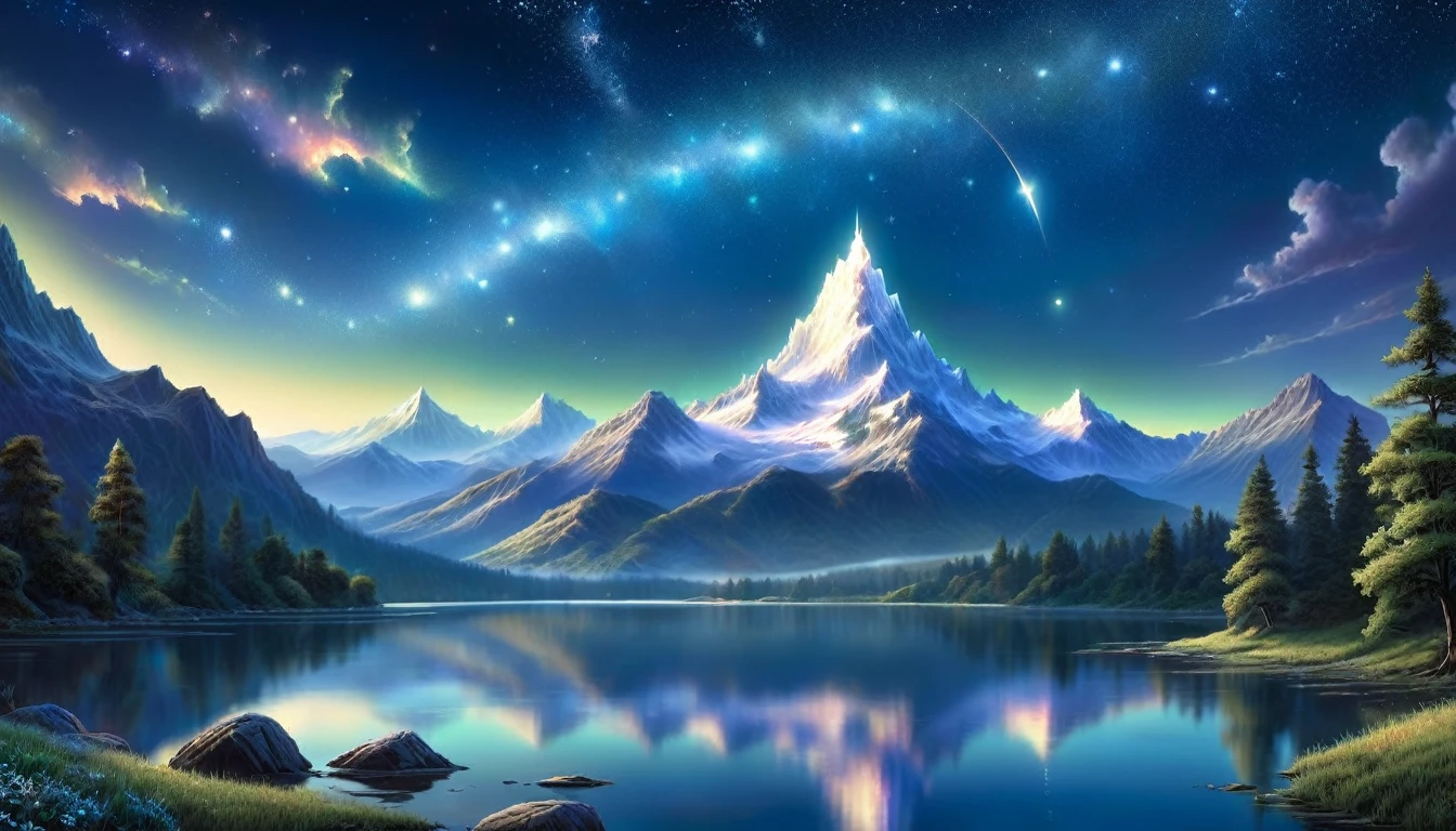 (Highest quality,4K,8K,High resolution,masterpiece:1.2),Super detailed,(Realistic,photoRealistic,photo-Realistic:1.37),landscape,Fantasy art,Starry Sky,Beautiful Mountain々,lake reflection,Magical atmosphere,Concept Art,Mysterious lighting,Ethereal Plane,Official artwork,Dreamy Painting,Inspired by Ted Nasmith,Calm and infinite stars,月明かりとStarry Skyの環境,Artwork with magical highlights,Atmospheric works of art,Dreamy Matte Paintings,Ethereal Plane,Inspired by the art of Ted Nasmith