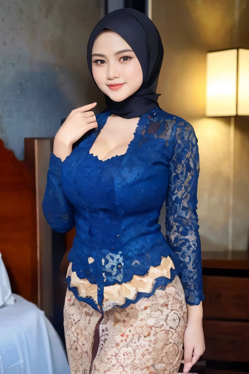 amazing quality, elegant, perfect, hyper realistic, masterpiece ,Create a photorealistic masterpiece of a beautiful woman with hijab wearing traditional Indonesian kebaya attire, solo, firm large breast, cleavage, Set her against a dark, bedroom backdrop with a captivating glow in the background and bokeh effect. Ensure the image quality is 8K with ultra-realistic details.,kebaya,kebaya indonesia