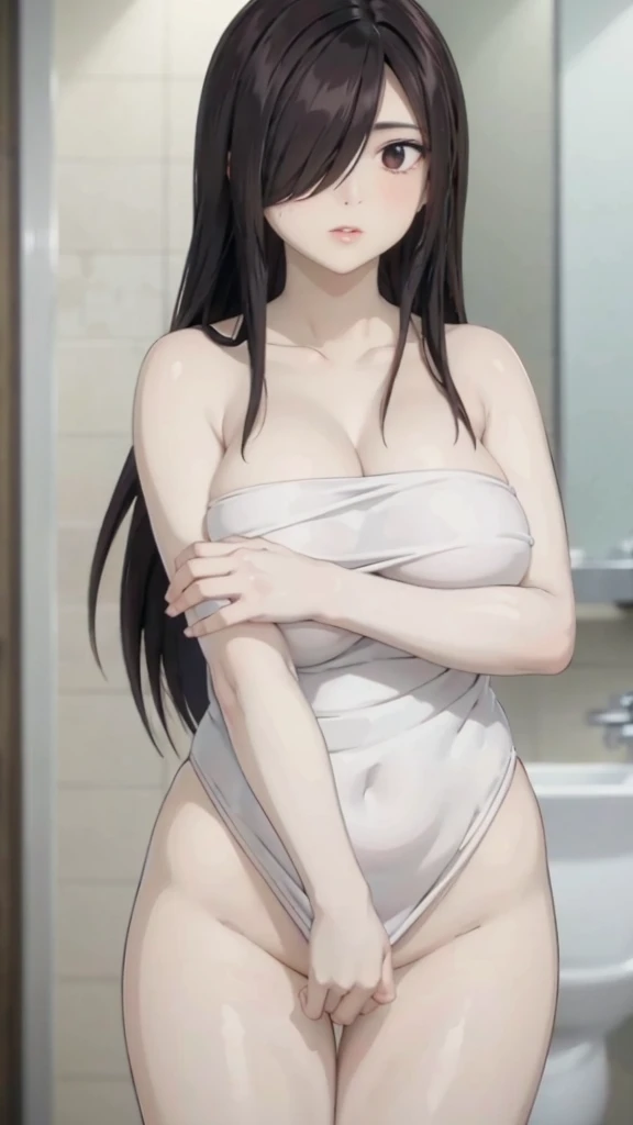 Cute mature women,plump, chubby, fat,realistic skin, realistic breast, muted colour,cold lighting, pale white skin, Nude,black hair, long hair, (hair over one eye:1.4), Messy hair,hair between eyes ,sleepy eyes , Sexy lips,pucker lipstik,charm,pubic hair pussy,dense pubic hair , extreme pubic hair,on the bathroom