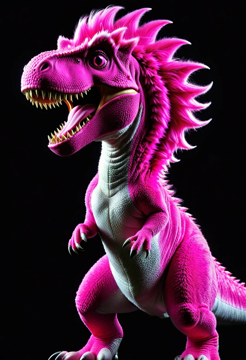 Highest quality、masterpiece、darkness、Black Background、Surreal Posters、Pink furry dinosaur、Very realistic T.Rex、Pink glowing hair、Bright eyes、Light pink dinosaur、Object of fear、Leaning forward