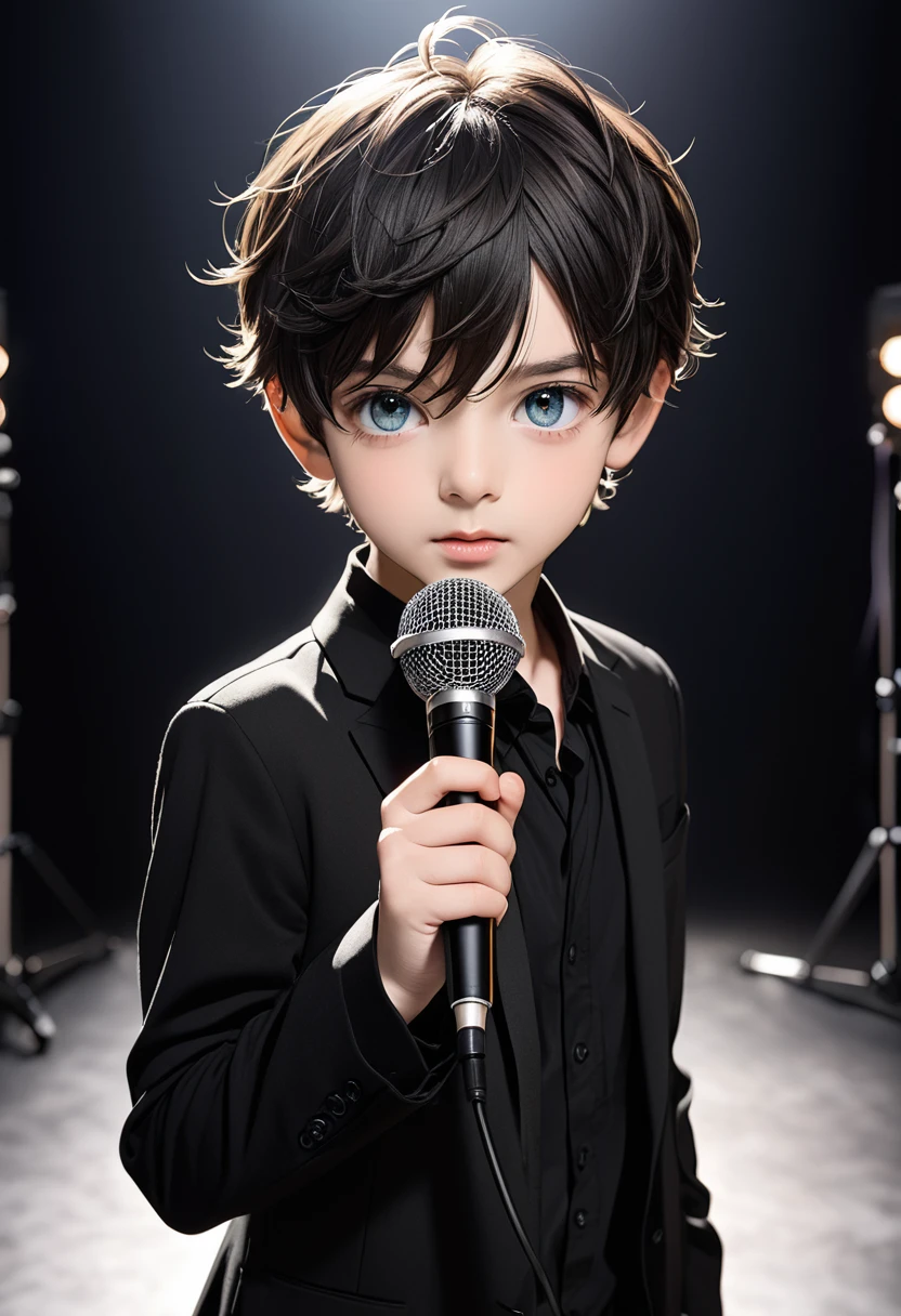 The boy approaches the camera, facing the camera from the front, half of his body is exposed, beautiful eyes, holding a microphone in his hand, black clothes