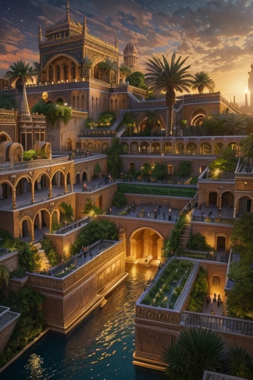 Masterpiece, King Nebuchadnezzar II overseeing the Hanging Gardens of Babylon from his royal palace, a highly detailed, atmospheric illustration of the Hanging Gardens of Babylon, one of the Seven Wonders of the Ancient World, during the enchanting transition from sunset to nightfall. The scene should depict the lush, terraced gardens filled with a variety of exotic plants, flowers, and trees, cascading down the multi-leveled structure. Intricate architectural elements such as stone columns, ornate balconies, and water features like waterfalls and flowing streams should be highlighted, with torches and lanterns beginning to light up, casting a warm, flickering glow on the surroundings. The setting is the bustling capital of the Neo-Babylonian Empire. The sky transitions from the golden hues of sunset to the deep blues and purples of early night, with stars starting to appear, enhancing the mystical and majestic atmosphere. The backdrop includes glimpses of the majestic city walls and other iconic Babylonian structures, illuminated by the soft light of the setting sun and emerging night, 16K, ultra high res.photorealistic, UHD, RAW, DSLR, sharp focus, wide angle, natural lighting