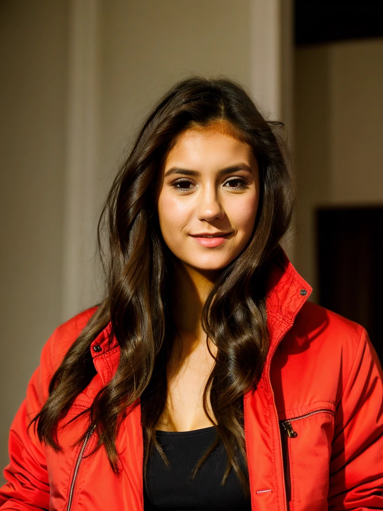 A beautiful n1n4d woman,1girl,solo,long hair,   She has long, brown hair and is wearing in a red jacket holds a Salvador Dalí mask in her hand.looking directly at the camera. 