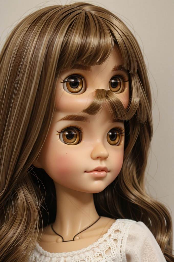 Blythe doll pelo cafe, Light brown eyes, light brown hair with blonde highlights, light brown skin