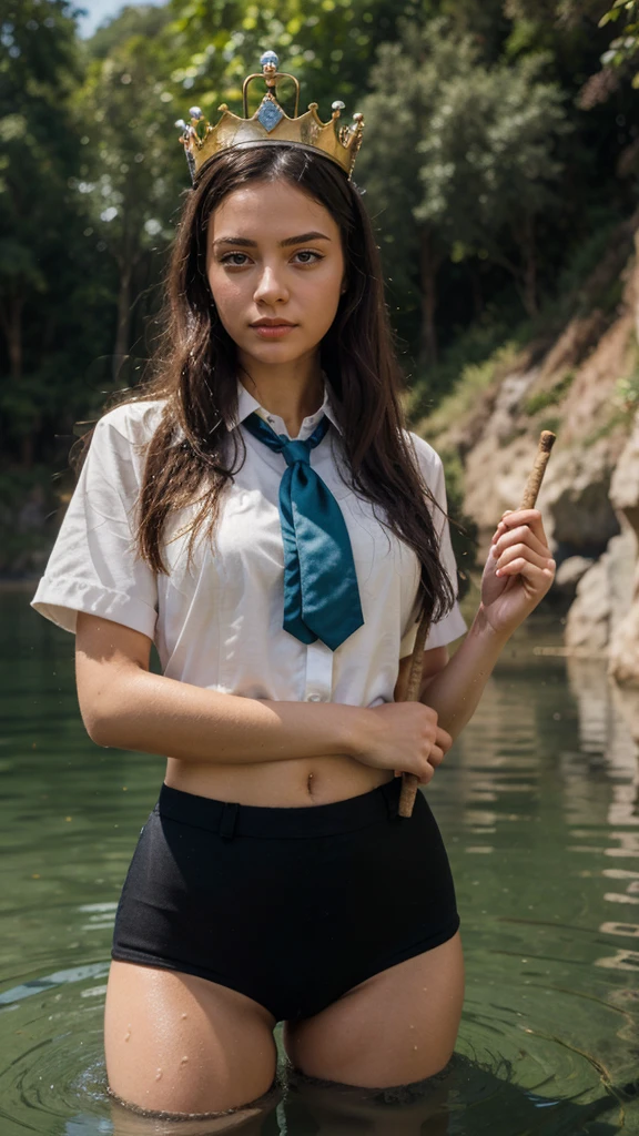 ((best quality)), ((masterpiece)), (detail), 1 girl, wearing a uniform, have a crown like a princess. carrying a tall stick surrounded by a hook and water coming out of his right hand. 2D picture