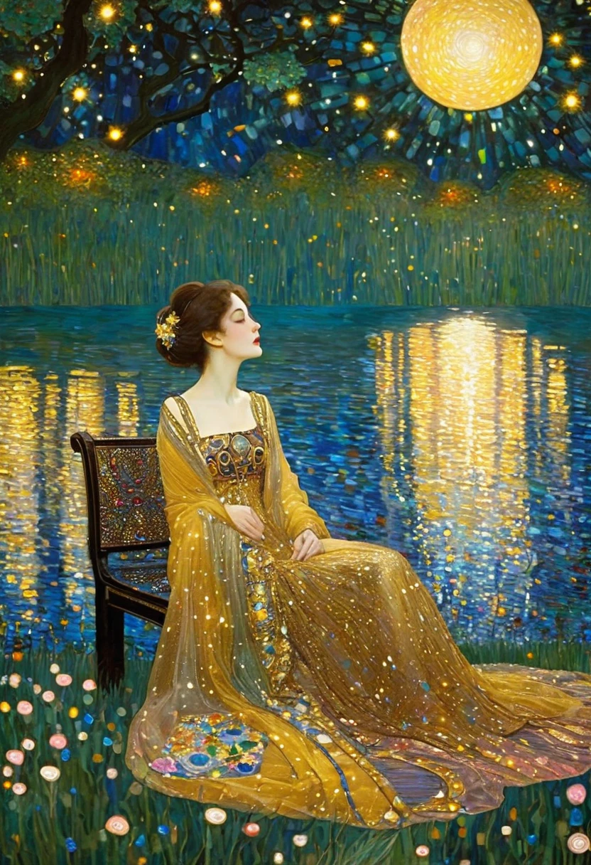 painting of a woman sitting by  sparkling lake beautiful luminous ultra detailed magical sparkling night stars gustav klimt and art nouveau style