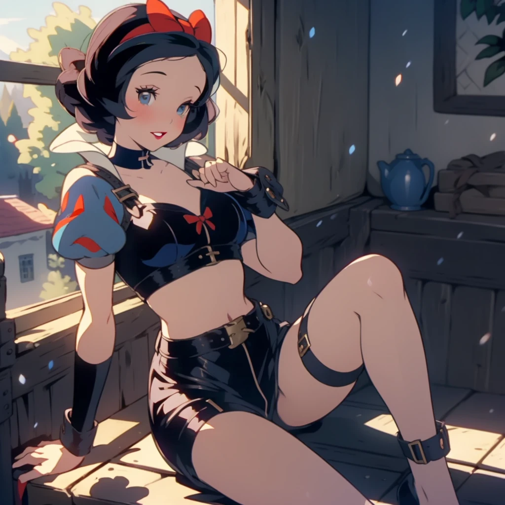 araffe snow white, snow white, modern disney style, cartoon style, red bow, blue eyes, short black hair, sitting on a window sill with a black bra and cuffs, wrapped in leather straps, leather cuffs around wrists, restrained, harnesses and garters, handcuffed, handcuffs, dominant pose, sexy dominant pose,
