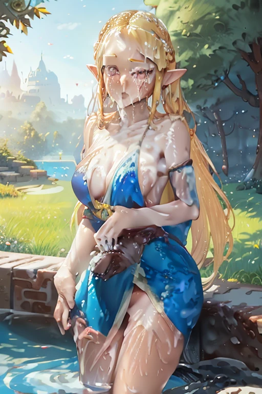 princess zelda, blonde very long hair, red eyes, wearing a sexy blue dress, side slit, ultrasharp, looking at the viewer, ((best quality)), ((masterpiece)), (detailed), perfect face, big breast, sexy body, sexy woman besides her, hugged, An anime scene of two girls hugging and kissing intensely, with hearts and sparkles floating around them as they stand in pool of water