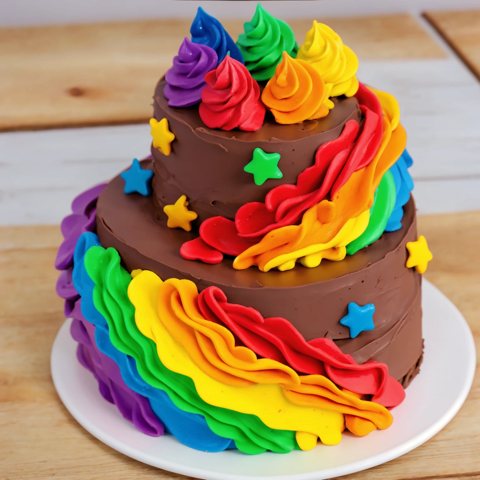 on a wooden table. there is a white plate. double tier chocolate cake ((chocolate cream texture, strokes of a pastry spatula)), rainbow cream in stitches, decorated with rainbow stars made of polymer clay, multi-colored cream on top ((cream highlights)), against the background of the kitchen, Beautiful light from the window, contour light, Multiple light sources, beautiful lighting, Bright light source, bright lighting, beautiful light sources, Multiple light sources, Realistic style , realistic texture, detailed texture, A high resolution, high quality, macro photography
