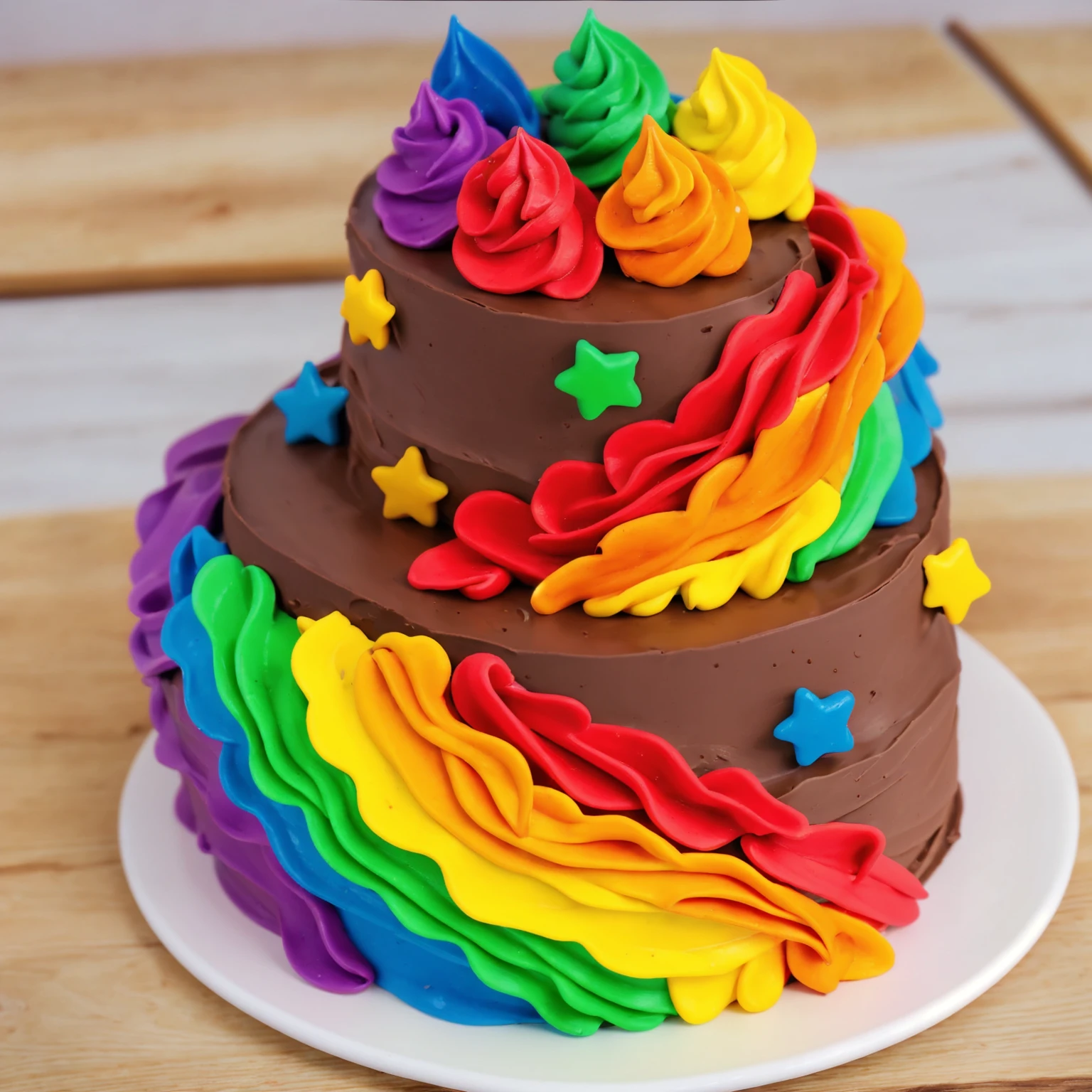 on a wooden table. there is a white plate. double tier chocolate cake ((chocolate cream texture, strokes of a pastry spatula)), rainbow cream in stitches, decorated with rainbow stars made of polymer clay, multi-colored cream on top ((cream highlights)), against the background of the kitchen, Beautiful light from the window, contour light, Multiple light sources, beautiful lighting, Bright light source, bright lighting, beautiful light sources, Multiple light sources, Realistic style , realistic texture, detailed texture, A high resolution, high quality, macro photography
