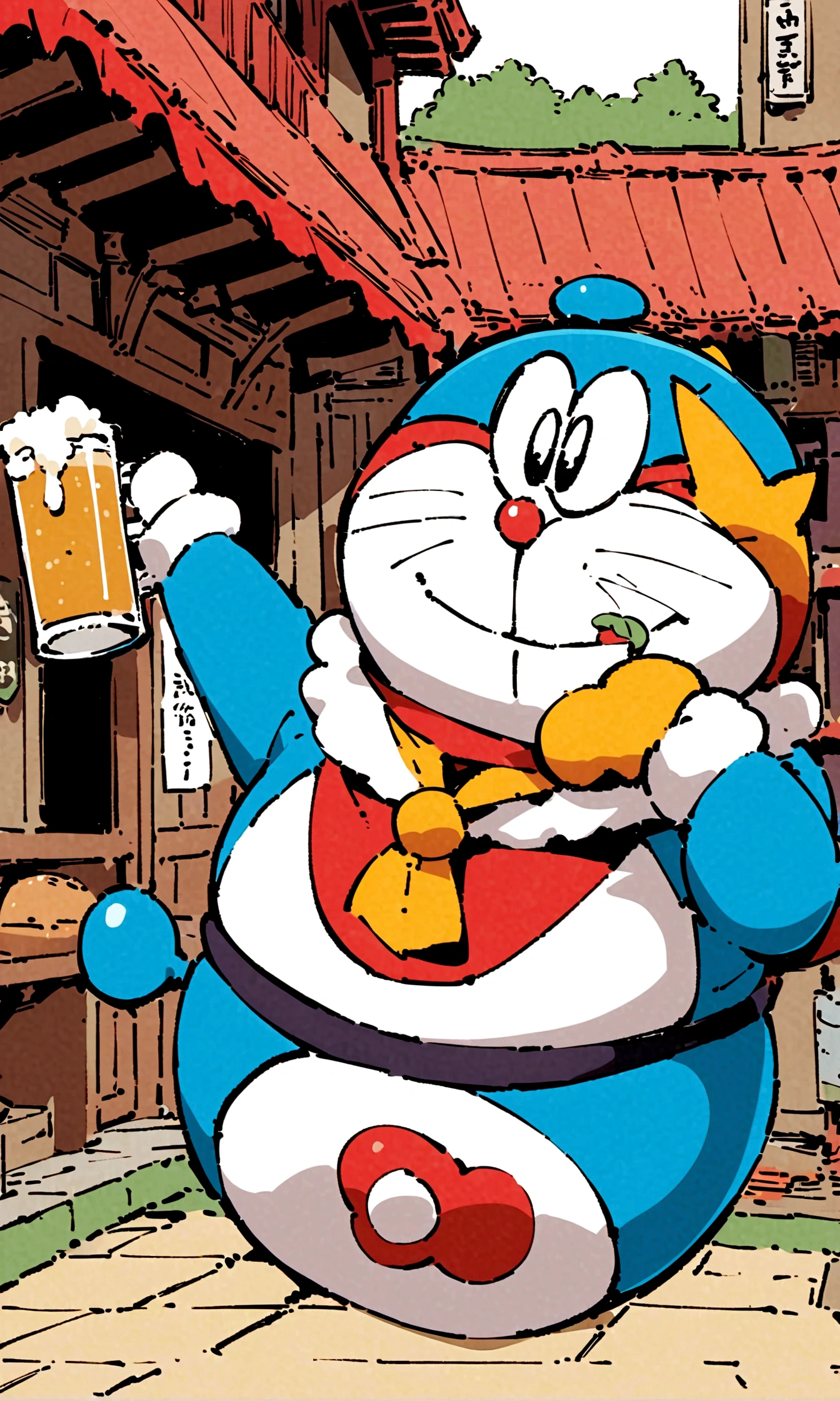 Doraemon,drink beer,Japanese anime style,Future Japanese street background,Wearing a futuristic Japanese kimono,Full beer glass,Japanese style,japonisme,真实Doraemon头像,male
