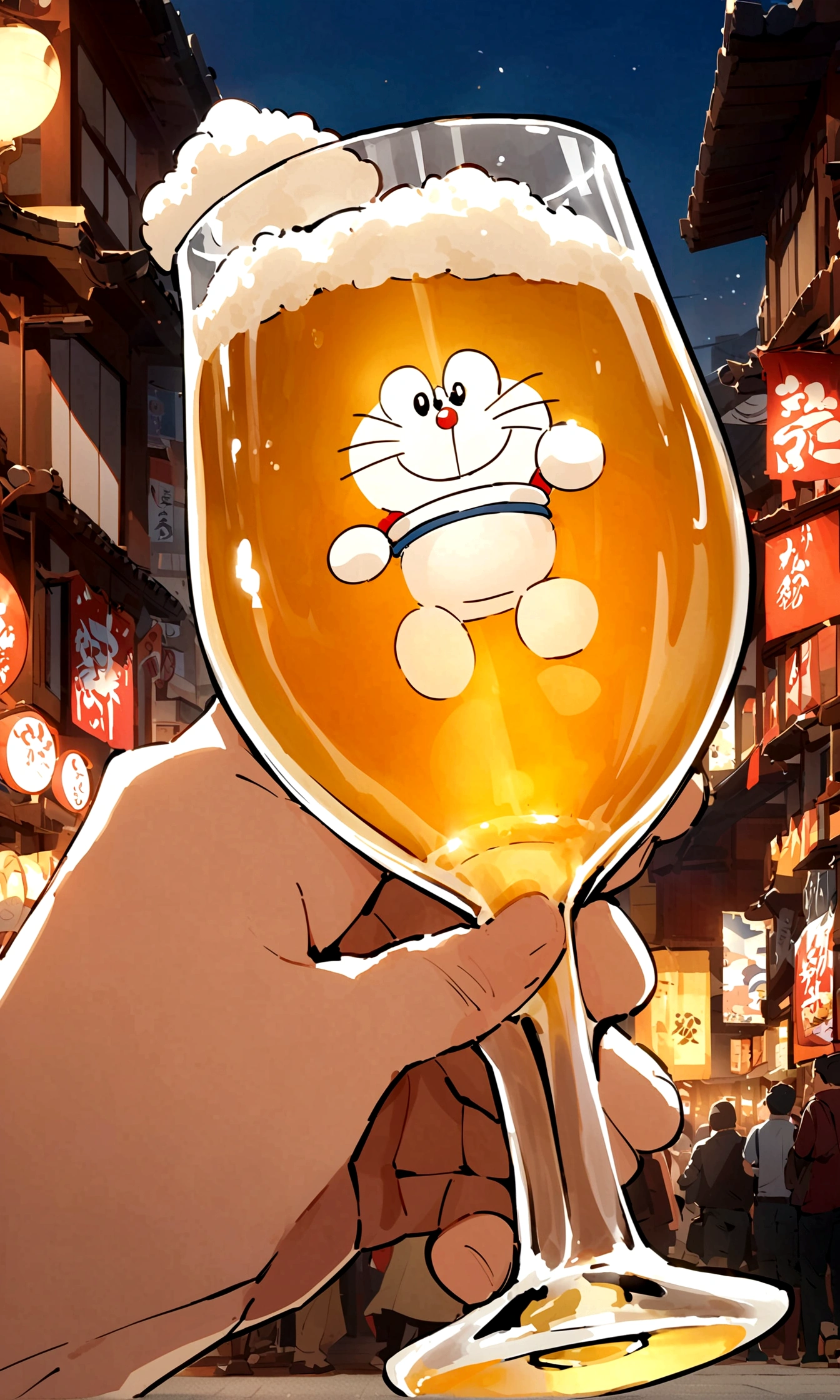 Doraemon，drink beer，Japanese anime style，Future Japanese street background，Wearing a futuristic Japanese kimono，Full beer glass，Japanese style，japonisme，真实Doraemon头像，male