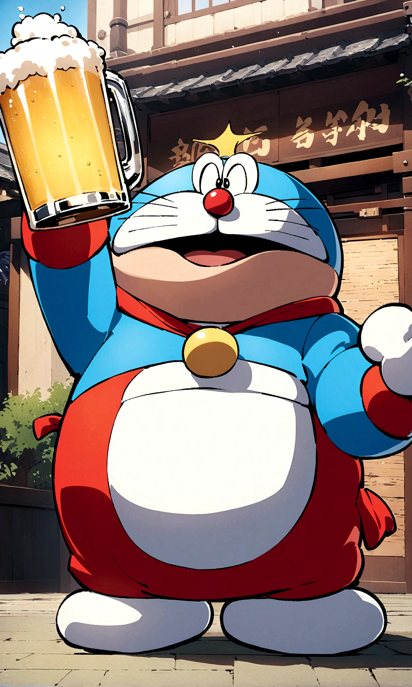 Doraemon，drink beer，Japanese anime style，Future Japanese street background，Wearing a futuristic Japanese kimono，Full beer glass，Japanese style，japonisme，真实Doraemon头像，male