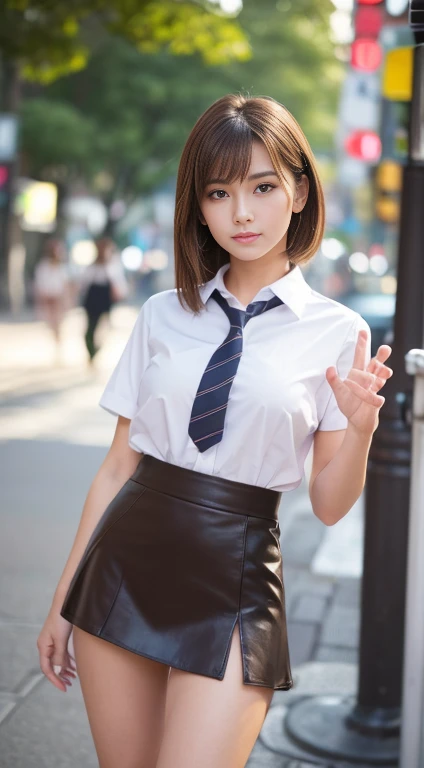 In 8K,highest quality,real image,intricate details,Super high resolution,depth field,Masseter muscle part,natural soft light,professional lighting,1 girl,(cute:1.2),very beautiful 17 year old girl,detailed eye,((brown eyes)),(brown hair),(short haired),(skin without bangs,shiny skin,pure white skin,fine skin,big and full breasts,((perfect anatomy,nice hands,perfect hands,five fingers connected to the palm,Accurate needle with no discomfort)),perfect bare legs,delicate legs,perfect proportions,Sexy,I can see your chest,((Japanese high school girl uniform)),((uniform mini skirt)),(tie),black socks,chano leather shoes,Crouch deep in the city,I can see my crotch,Show me your panties in the street,both legs are bent,The legs are spread out in an M-shape,,I can see your pants,Delicate thighs when viewed from the front