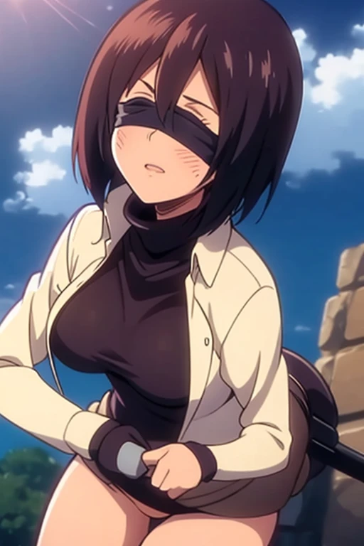 tennis girl in tight mini virgin killer sweater, rear butt anus, showing her anus, on her knees, wearing oven mittens behind head, blindfold