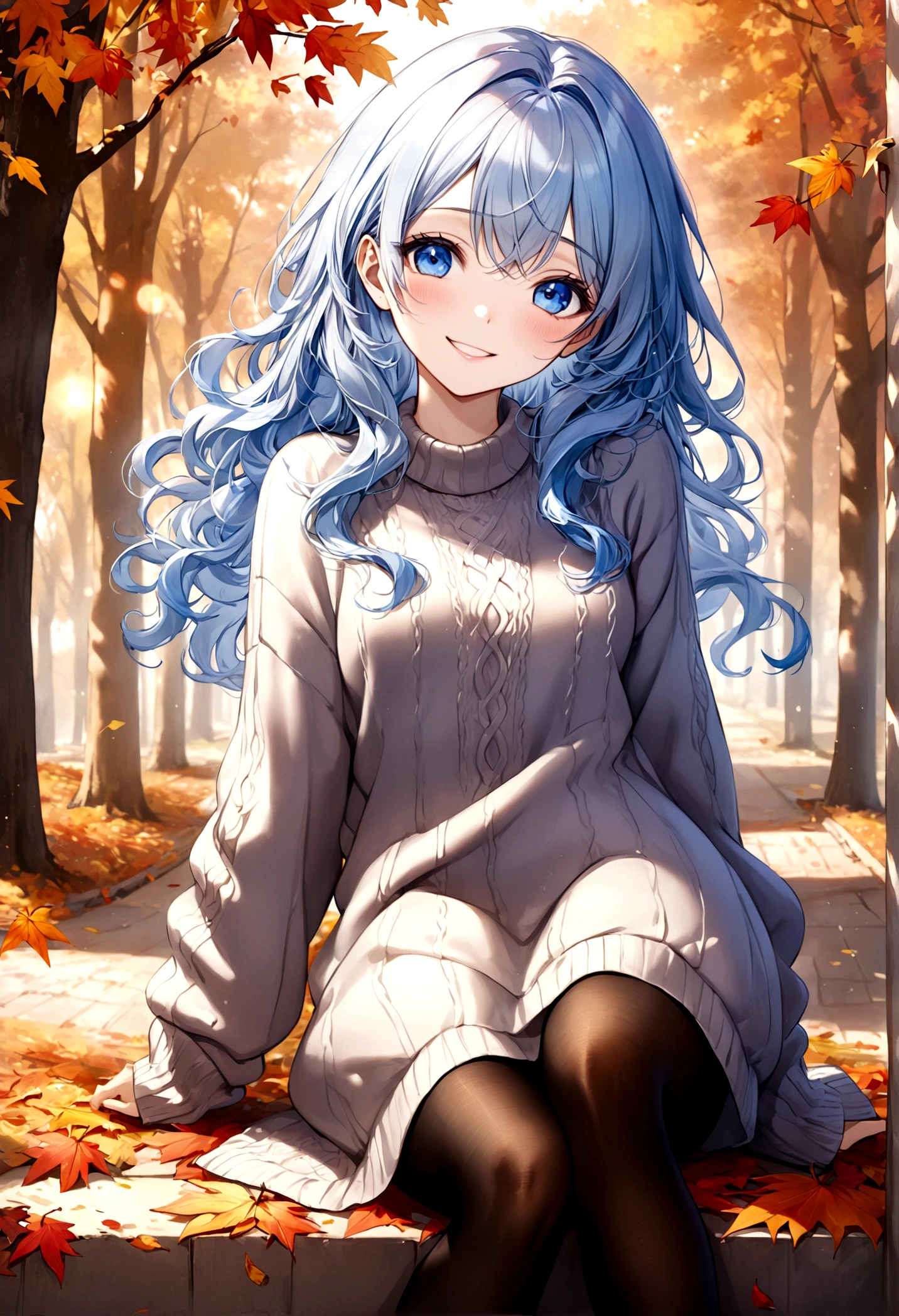 ((top-quality)), ((​masterpiece)), ((ultra-detailliert)), (extremely delicate and beautiful), beautiful woman, bright light blue hair, long wavy hair, sapphire blue eyes, cozy sweater dress, sheer black pantyhose, sweet smile, relaxed expression, fair complexion, autumn background
