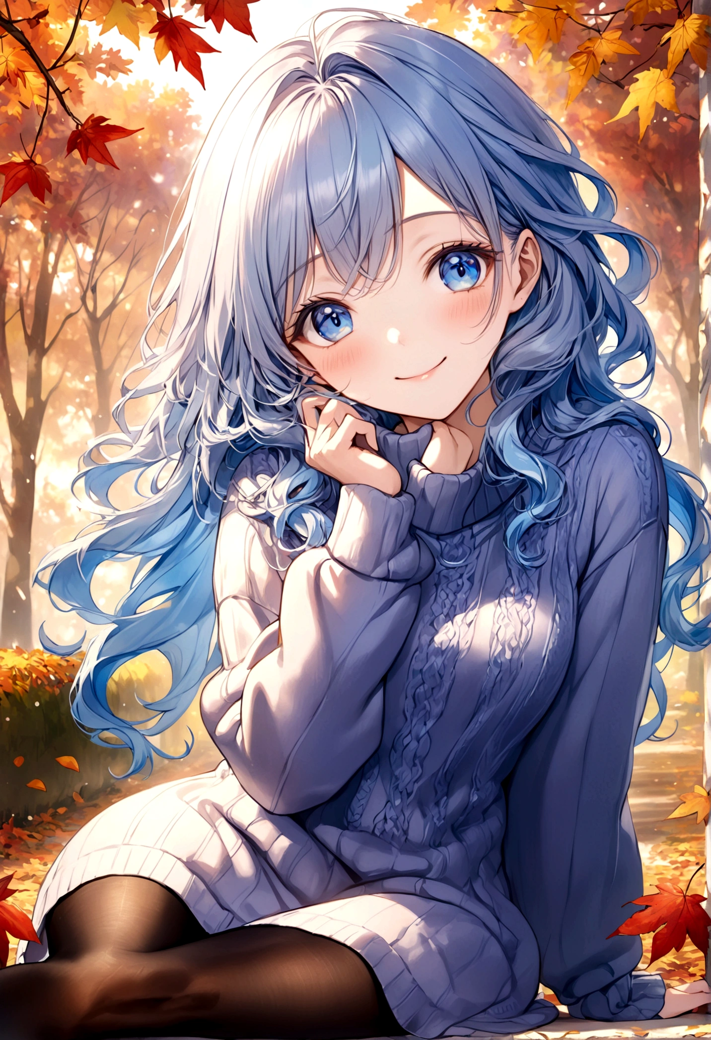 ((top-quality)), ((masterpiece)), ((ultra-detailliert)), (extremely delicate and beautiful), beautiful woman, bright light blue hair, long wavy hair, sapphire blue eyes, cozy sweater dress, sheer black pantyhose, sweet smile, relaxed expression, fair complexion, autumn background