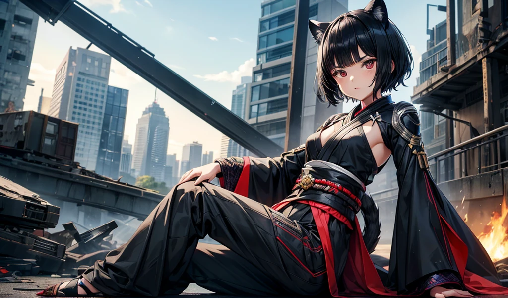 Black short-haired girl with doll head and flat chest,Black panther ears,Black Panther Tail,Short-sleeved Kimono Top,Hand guard,long pants,ruined city
