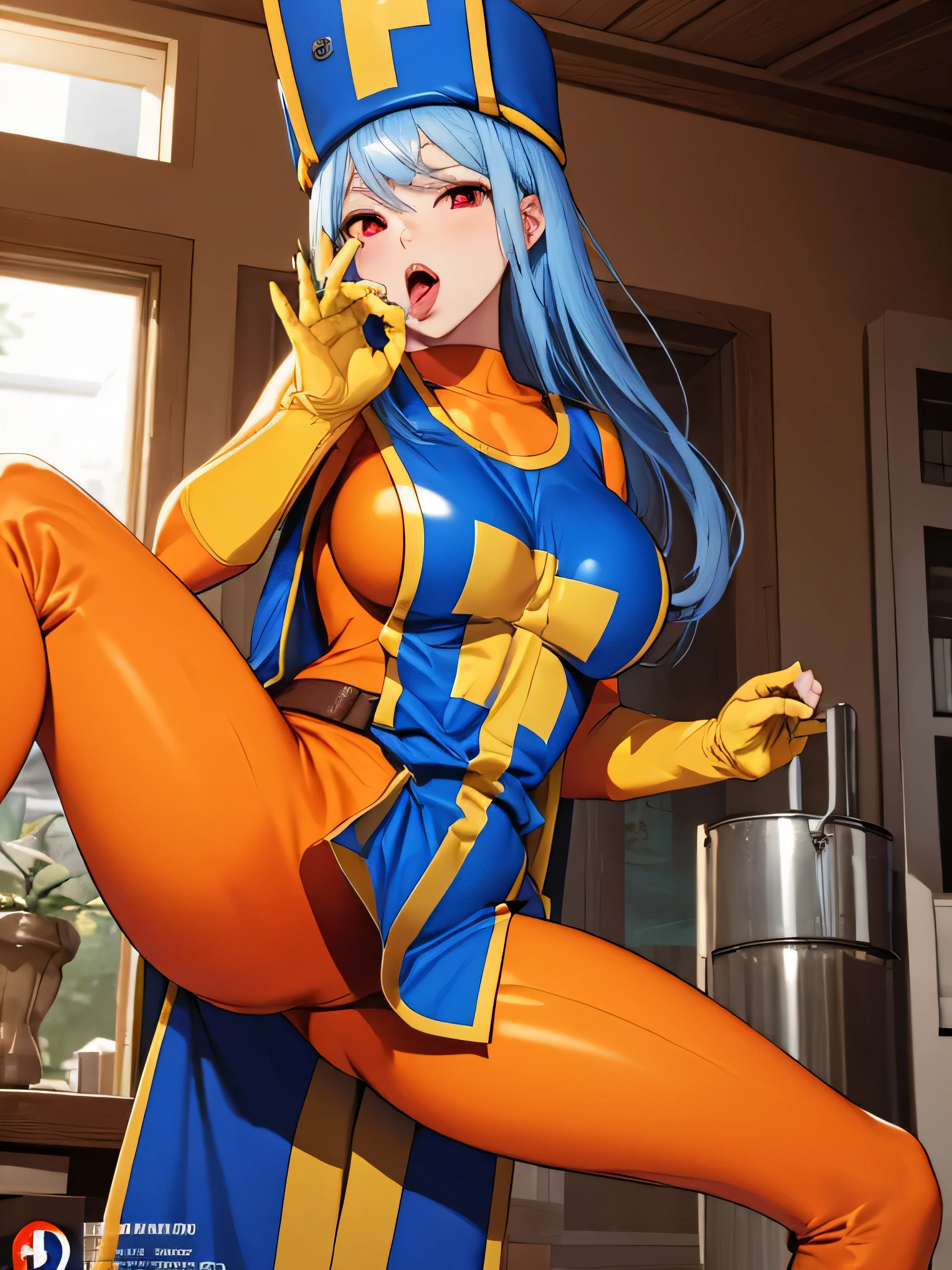 masterpiece,Highest quality, Unreal Engine, Super Resolution, Very detailed,
1 Girl, Waist, thin, (Muscular:0.8)
Round Breasts, Big Breasts, Bold,  Part your lips, Observe the audience,
Are standing, sexy pose
Waist shot,Tentacles entangled in chest,Spread your legs,
, Key Visual,
 Light blue hair, Red eyes, Long-haired monk \(dq3\)
,Orange bodysuit,Tabard Elbow Gloves((Spread your legs:1.3)),Orange bodysuit