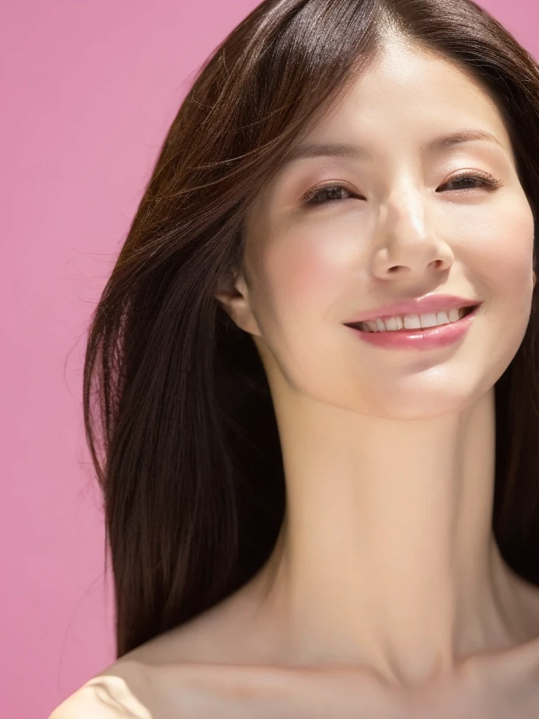 A female Japanese and Korean model,She was wearing a white short-sleeved top with a collarbone exposed.,Close-up of face with double eyelids and big deep eyes,No makeup,Plain makeup,She has lively and pretty short black hair,Look at the camera position ahead and to the left,Smile without showing teeth,Skin pores are delicate and delicate,Slightly reflects ambient glow,Fair and translucent skin with supplenessQelastic texture,Slender and elegant upper body,Just the right size ,Pink and moist lips,Beautiful and straightforward,Simple background,Light eyebrows,Shot under stylish studio lighting configurations,Refreshing picture,The whole person has an elegant and handsome temperament,