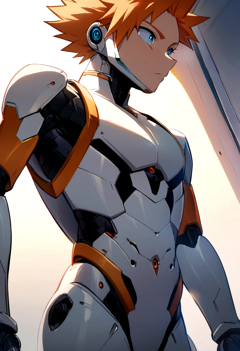 (masterpiece, best quality:1.2), solo, male focus, 1boy, anime boy, short orange hair, blue eyes, teenager, toned slender body, anime style, my hero academia style, android, humanoid robot, robotic features