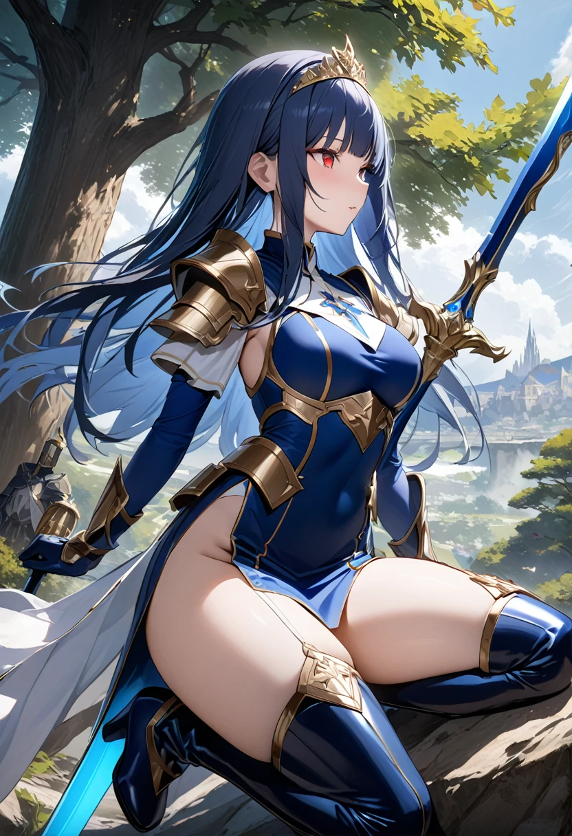 Highest quality、unity 8k wallpaper、32k、masterpiece、Very detailed、Ultra-high resolution、Very detailedな顔, RAW Photos, Professional, Ultra-fine painting, (((A saint who fell into pleasure)))、(((corrupt_girl)))、Midnight blue long straight hair、Platinum tiara with blue gemstones、Blue Nun Cape、Red Eyes、(Tree Eyes), Cool and sharp features, hime cut, 20～A female magical warrior, about 24 years old.、White and gold breastplate、Blue and white leotard、(((Blue and white gold-embellished long pencil skirt with side armor and long slits)))、Half puff sleeves with shoulder pads、A large white ribbon with a large sapphire on the chest、White and blue long gloves、(((White and blue thigh-high stiletto boots:1.0)))、whole body、He has a spear with a glowing blue blade,