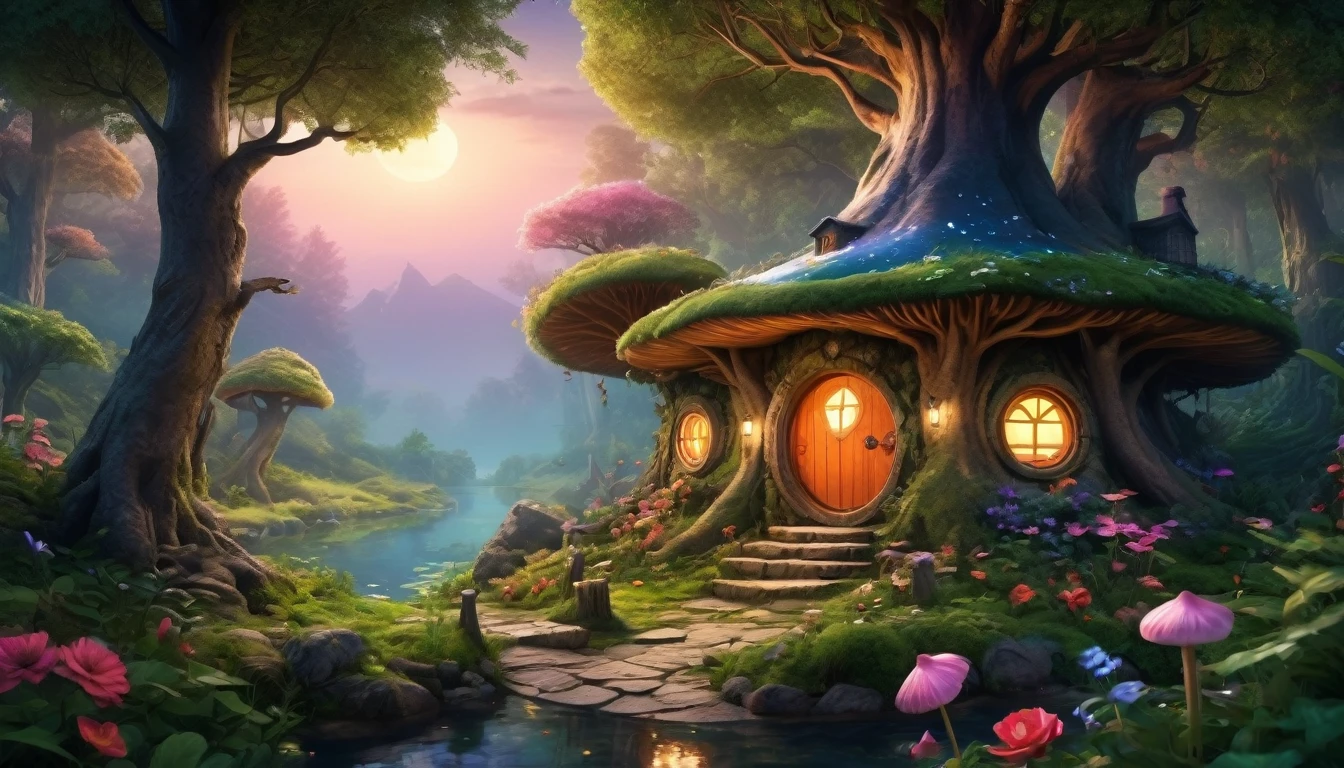 (Mysterious fantasy forest at night, Dense trees, A strange and cute little tree:1.5), A hobbit cabin, It is vividly depicted in the work (Best quality, 8K, Advanced resolution, Masterpiece: 1.2), With ultra-detailed detail, (1.4x realism, Photorealistic: 1.37). This fantasy forest is made up of dark, enchanting colors, bathed in the cool glow of the moon, creating a serene and mystical atmosphere. The house has been designed with great attention to detail, with a complex design and unique architecture, similar to a mushroom-shaped house. A small lake reflects the moonlight, adding an element of tranquility and magic to the scene. (This fantasy forest is surrounded by lush greenery and colorful flowers), Elevate a captivating and magical environment. The artwork showcases an illustrative style, inspired by children's book illustrations, ensuring a glamorous and nostalgic touch. The color palette consists of deep, vibrant hues, seven colors, evoking feelings of wonder and enchantment. Lighting accentuates the picturesque scene, soft and cool shadows are created that add depth and tranquility to the artwork. Every detail is impeccably presented, creating a visually stunning masterpiece, capturing the essence of the fantasy forest at night.