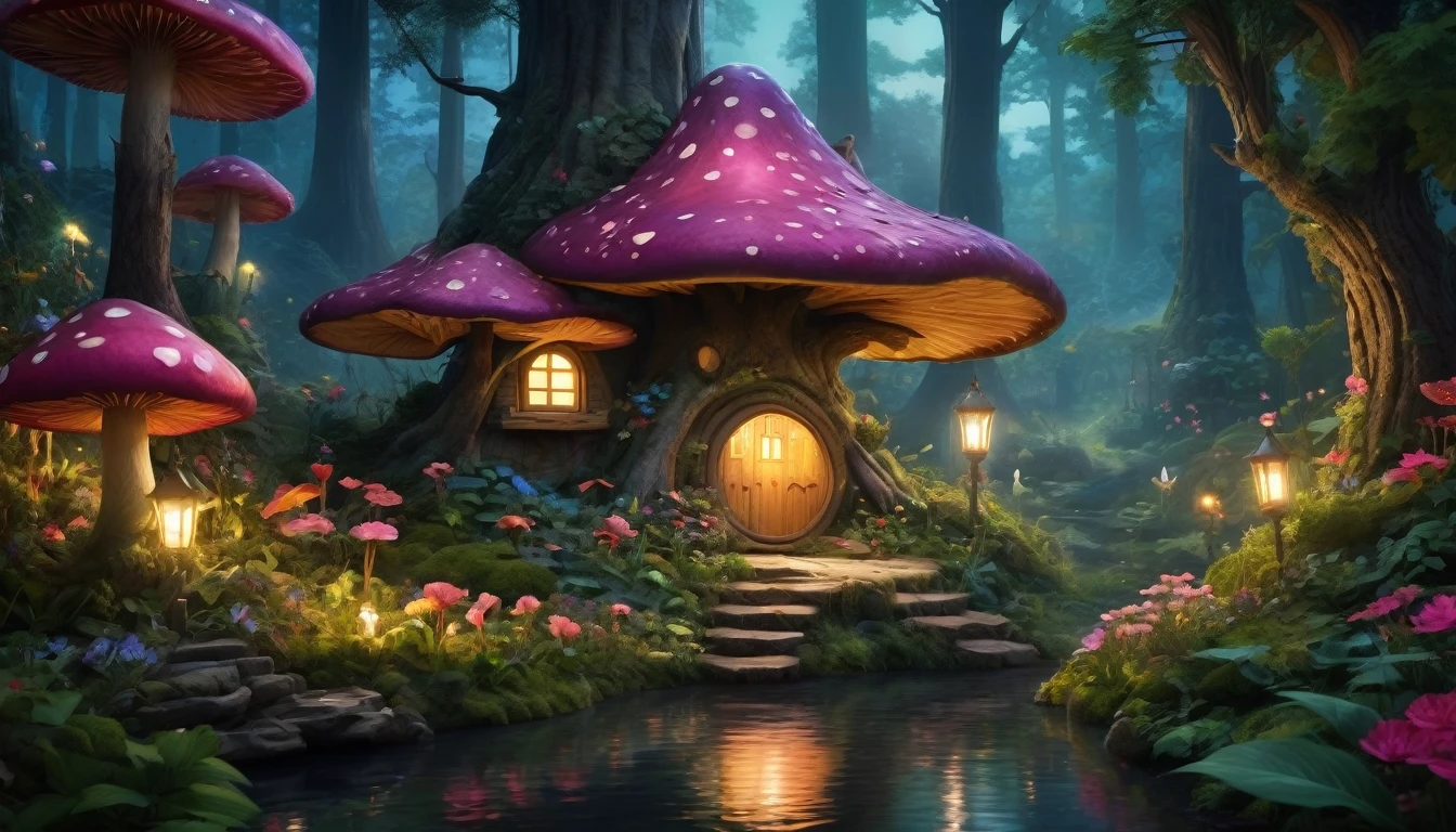 (Mysterious fantasy forest at night, Dense trees, A strange and cute little tree:1.5), A hobbit cabin, It is vividly depicted in the work (Best quality, 8K, Advanced resolution, Masterpiece: 1.2), With ultra-detailed detail, (1.4x realism, Photorealistic: 1.37). This fantasy forest is made up of dark, enchanting colors, bathed in the cool glow of the moon, creating a serene and mystical atmosphere. The house has been designed with great attention to detail, with a complex design and unique architecture, similar to a mushroom-shaped house. A small lake reflects the moonlight, adding an element of tranquility and magic to the scene. (This fantasy forest is surrounded by lush greenery and colorful flowers), Elevate a captivating and magical environment. The artwork showcases an illustrative style, inspired by ren's book illustrations, ensuring a glamorous and nostalgic touch. The color palette consists of deep, vibrant hues, seven colors, evoking feelings of wonder and enchantment. Lighting accentuates the picturesque scene, soft and cool shadows are created that add depth and tranquility to the artwork. Every detail is impeccably presented, creating a visually stunning masterpiece, capturing the essence of the fantasy forest at night.