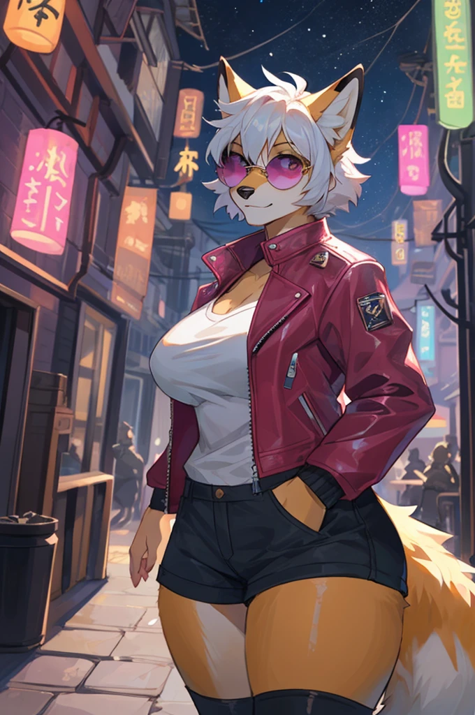 by bebebebebe, by spuydjeks, by spikedmauler, by moonrick, by asaneman, uploaded to e621, seductor, very detailed and beautiful, (female, anthro, anthro animal:1.1), 1girl, night time, anthro fox girl, canine, canid, cute face, adorable face, feminine face structure, female, mature woman, hourglass figure, 1tail, short hairstyle, (thick thighs:1.1), (big breasts:1.1), BREAK, ((KD/A outfit)), perfect posture), ((short hair)), ((round sunglasses)), ((fur jacket)), ((Pink leather jacket)) white hair, ((vibrant yellow fox)), pink eye color, ((KD/A)), cyberpunk