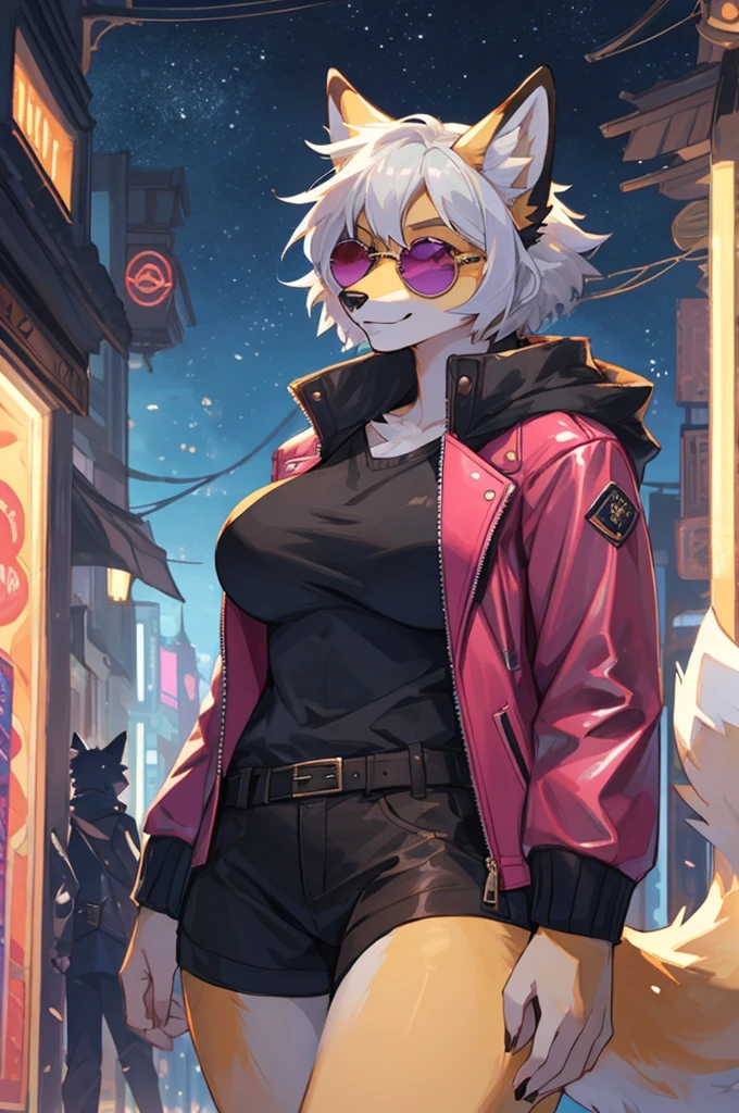 by bebebebebe, by spuydjeks, by spikedmauler, by moonrick, by asaneman, uploaded to e621, seductor, very detailed and beautiful, (female, anthro, anthro animal:1.1), 1girl, night time, anthro fox girl, canine, canid, cute face, adorable face, feminine face structure, female, mature woman, hourglass figure, 1tail, short hairstyle, (thick thighs:1.1), (big breasts:1.1), BREAK, ((KD/A outfit)), perfect posture), ((short hair)), ((round sunglasses)), ((fur jacket)), ((Pink leather jacket)) white hair, ((vibrant yellow fox)), pink eye color, ((KD/A)), cyberpunk