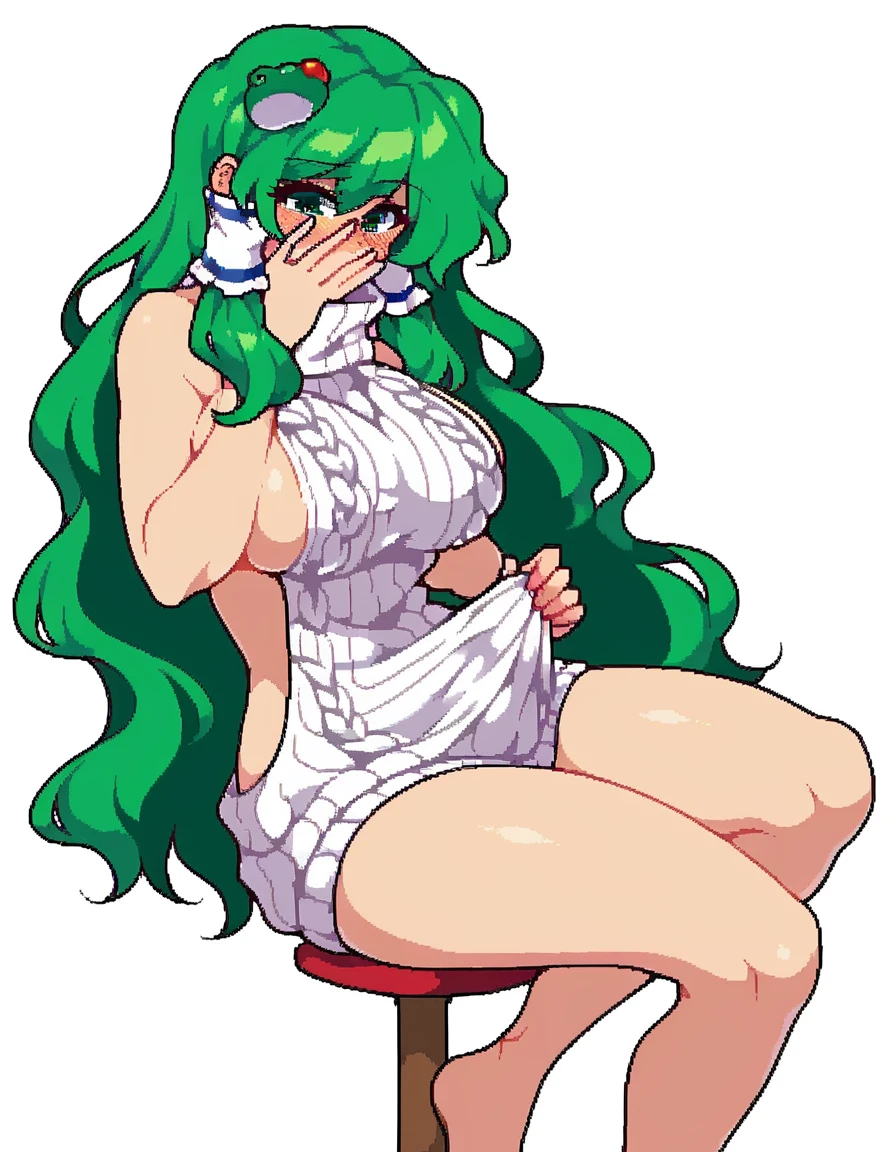 Expressive, score_9, score_8_up, score_9_up, Touhou, masterpiece, high quality, highly detailed, 1girl, kochiya sanae, solo, green hair, long hair, green eyes, long hair, big breasts, blush, round breasts,,,,,, frog hair ornament, hair tubes, snake hair ornament,,,, thin waist, sit on stool, white background,, virgin killer sweater, futanari, big penis under clothes, cum, she covering own face with hands ,