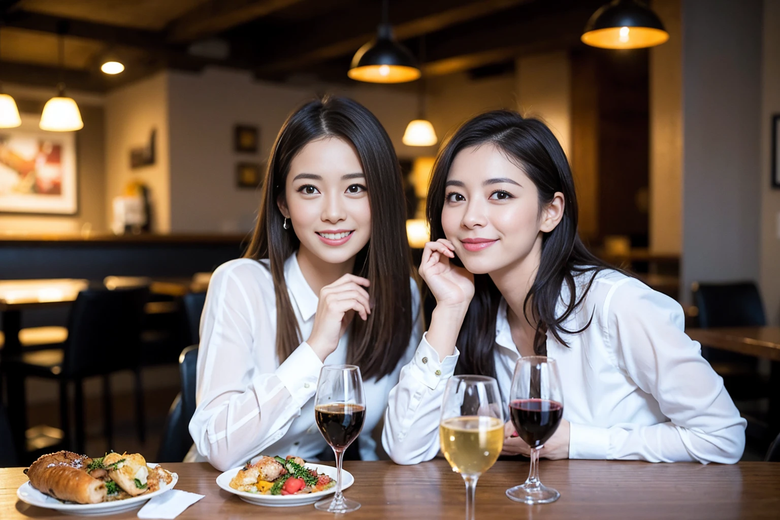 ((Highest quality、8K、masterpiece:1.3))、1 male 1 female、Slim Beauty、Beautiful couple、smile、full-course dinner、 (Slim face), (the body is スリム), (Brown Hair), (Shortcuts), ((Bob Hale、Straight hair:1.2)), テーブルの上のwine glass、Shine light on your face、 Amazing view of the sunset sky and clouds、smileの美しさ、Bright image、Blushing, Shortcuts, (Age 35), 39 years old, Appetizers、Italian food、Wine bottle、Champagne、sparkling wine、Long sleeve shirt、Blue Dress、Attractive beauty、restaurant, Nova Frog Style, actress, model, Upper Body, White wine, red wine, wine glass,