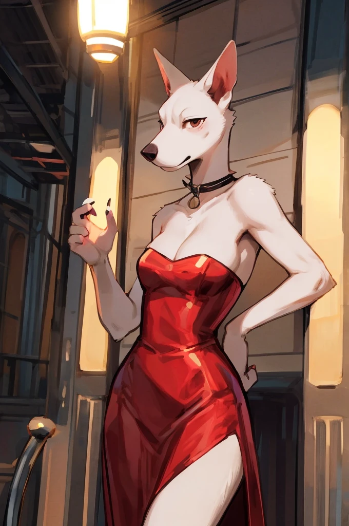 ((Best quality, masterpiece, detailed anatomy, detailed eyes, detailed hands, perfect lighting, perfect shading.)), by Bebebebebe, by K0bit0wani, by Zackary911, 1Female, Pitbull, white furs, dark brown eyes, skinny body, adult body, strapless red dress, golden neckline, In front of the night club entrance