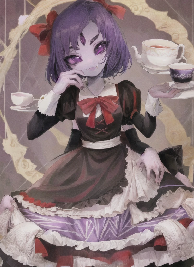 ((best quality)), ((highly detailed)), masterpiece, ((official art)), detailed face, beautiful face, (detailed eyes, deep eyes), (1girl:1.33, solo), Muffet(Undertale), waitressoutfit, 5 eyes, spider girl, (6 arms), detailed hands, ((fangs)), purple eyes, ((purple colored skin:1)), :), teacup