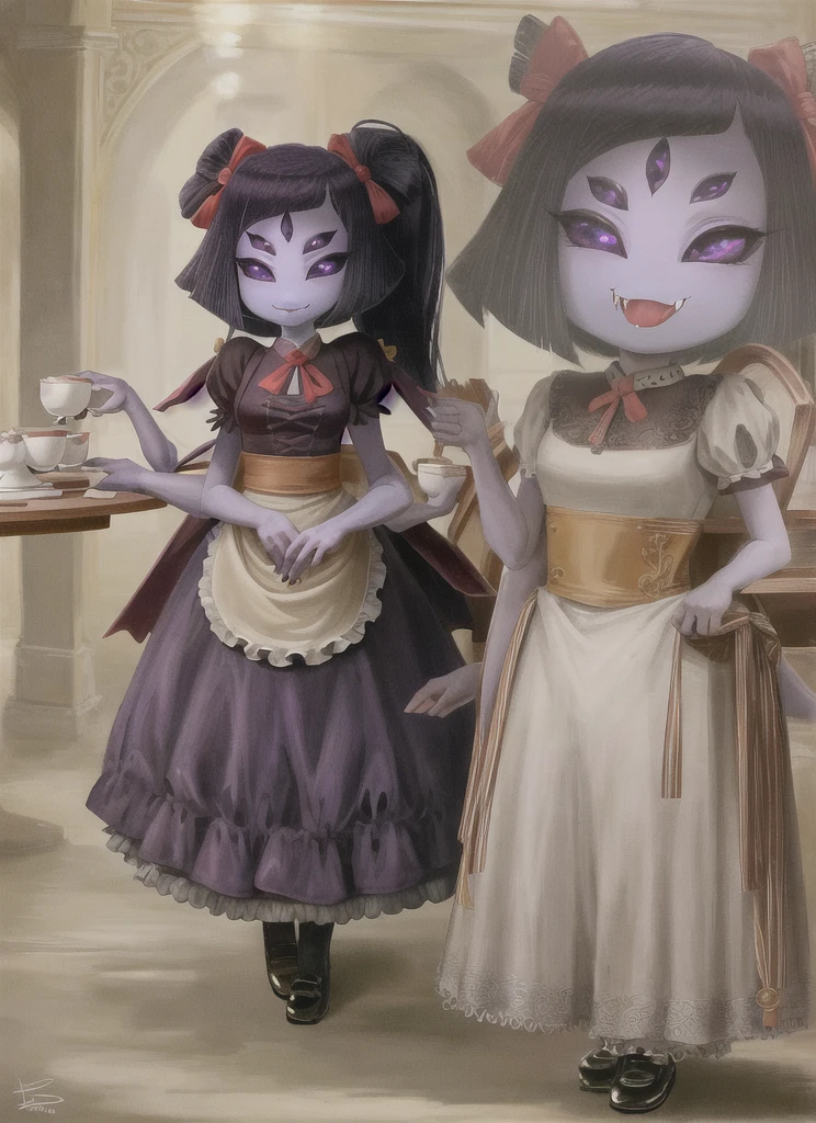 ((best quality)), ((highly detailed)), masterpiece, ((official art)), detailed face, beautiful face, (detailed eyes, deep eyes), (1girl:1.33, solo), Muffet(Undertale), waitressoutfit, 5 eyes, spider girl, (6 arms), detailed hands, ((fangs)), purple eyes, ((purple colored skin:1)), :), teacup
