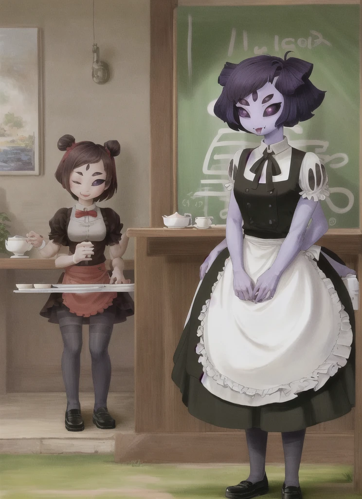 ((best quality)), ((highly detailed)), masterpiece, ((official art)), detailed face, beautiful face, (detailed eyes, deep eyes), (1girl:1.33, solo), Muffet(Undertale), waitressoutfit, 5 eyes, spider girl, (6 arms), detailed hands, ((fangs)), purple eyes, ((purple colored skin:1)), :), teacup