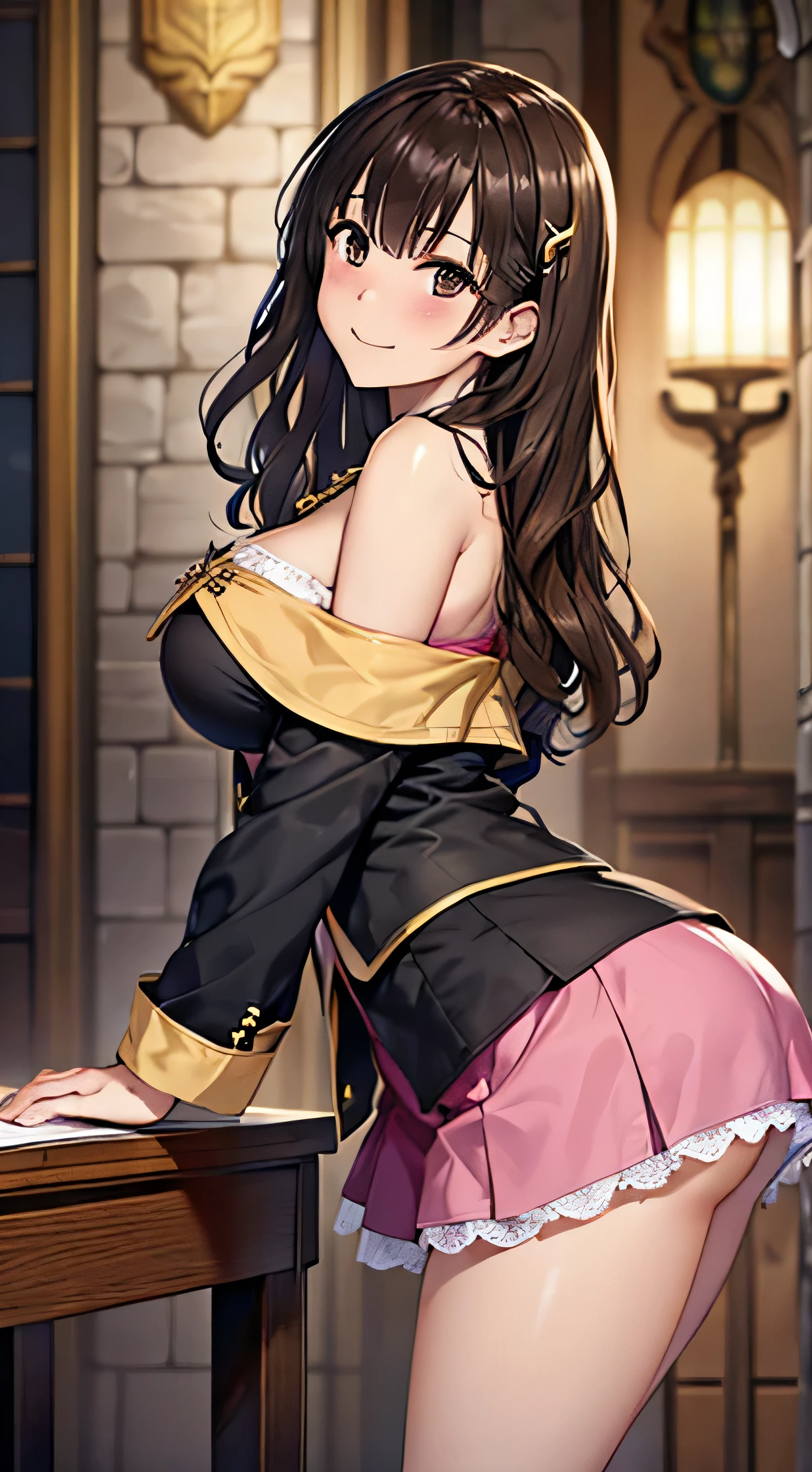 ((Tabletop, Highest quality, High resolution, , Pixel Perfect, 4K,))), 1 female, 、The whole body is visible、 ((Long Wavy Hair, bangs, Brown Hair)), ((Brown eyes, Beautiful eyelashes, Realistic eyes)), ((Detailed face, Blushing:1.2)), ((Smooth texture:0.75, Realistic texture:0.65, Realistic:1.1, Anime CG Style)), Medium sized breasts, Dynamic Angle, Perfect body, (( , , Beautiful Priest、、 Priest off-shoulder jacket、Priest Flare Skirt、、)), Gold Hair Ornament、Cross Necklace、、Very embarrassing panic smile, 、Gorgeous church basilica、、Hold a big Bible、Leaning forward、Stick your butt out、Lace pink panties、Sitting on the floor、Nipples are slightly visible、、、、、 、Angle from below)、