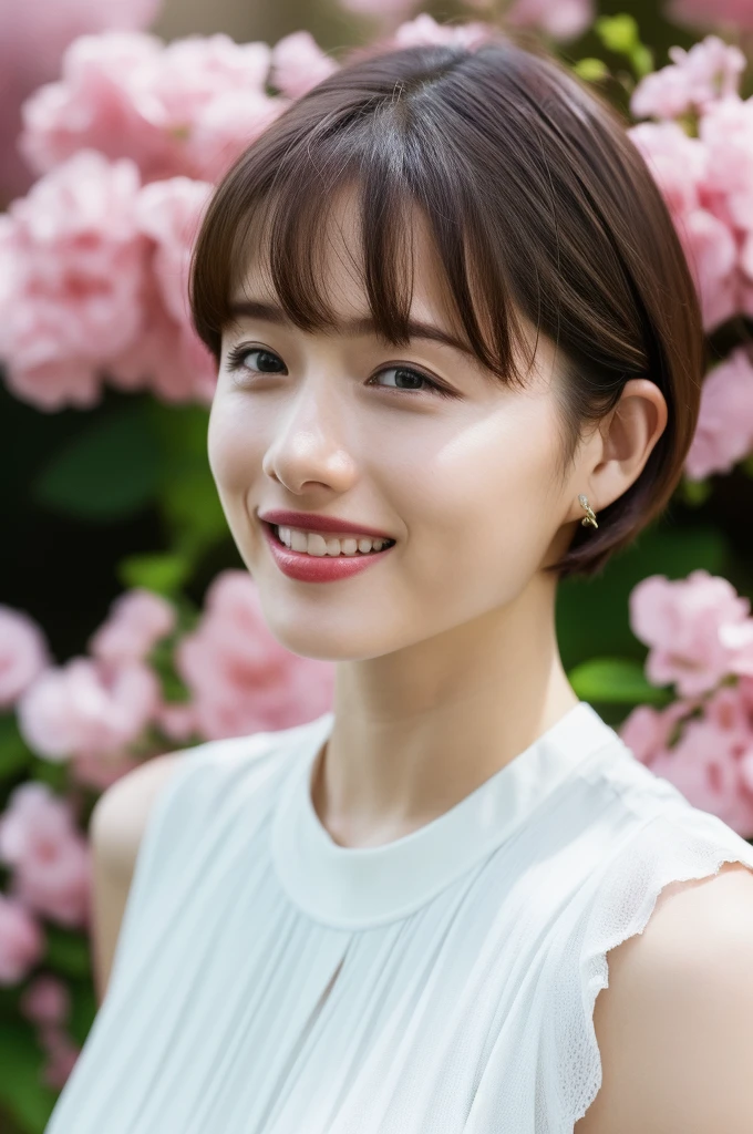 One girl,(RAW Photos, Highest quality), (Realistic, photo-Realistic:1.4), masterpiece, Very delicate and beautiful, Very detailed, 2k wallpaper, wonderful, In detail, Very detailed CG unity 8k wallpaper, Super detailed, High resolution, Soft Light, Beautiful detailed girl, Very detailed eyes and face, Beautifully detailed nose, Beautiful attention to detail,Cinema Lighting,Perfect Anatomy,A slim figure in a white peplum dress,White Skirt,(Bokeh:1.2)
Flowers in the park,Cherry Blossom,garden,Standing with a smile,(Very short hair,Pixie Cut:1.3)