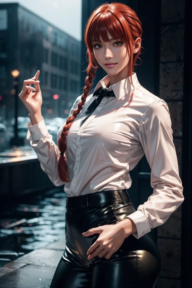 Chainsaw Man,Makima,With bangs,Red Hair,Braids at the back,Golden Eyes,White long sleeve shirt,Black tie,Black Leather Pants,Ultra HD,super high quality,masterpiece,Digital SLR,Photorealistic,Detailed details,Vivid details,Depicted in detail,A detailed face,Detailed details,Super Detail,Realistic skin texture,Anatomical basis,Perfect Anatomy,Anatomically correct hand,Anatomically correct fingers,Complex 3D rendering,Sexy pose,Rainy Sky,Beautiful scenery,Fantastic rainy sky,Picturesque,Pink Lips,smile,