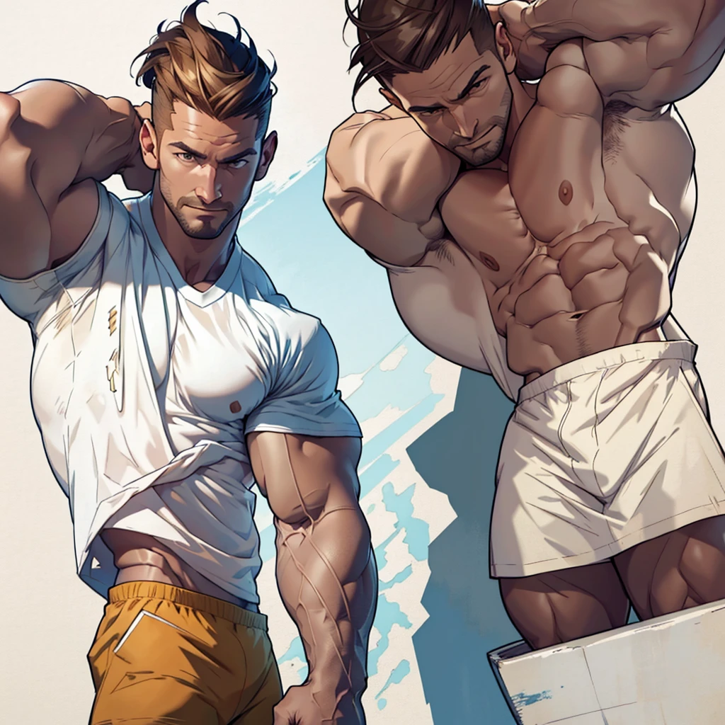 masterpiece,top-quality,((character sheets,Same character,Lateral face,soles)),environment change scene,Pose too,Hairstyle army,Pose ,(simple background、white backgrounid:1.3),illustration,1 male human,Stephen AMELL,daddy hunk , handsome,thin man yet muscular Man,six pack stomack,hunk Face ,Stubble,Lots of body hair,dark blond hair,,Hair is thick,White polo shirt,Crisp orange boxer shorts, nice bulge,multi view,