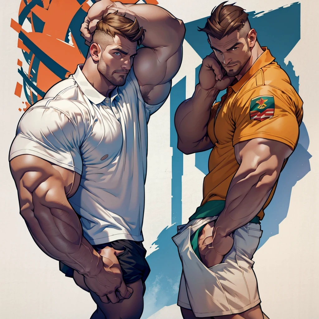 masterpiece,top-quality,((character sheets,Same character,Lateral face,soles)),environment change scene,Pose too,Hairstyle army,Pose ,(simple background、white backgrounid:1.3),illustration,1 male human,Stephen AMELL,daddy hunk , handsome,thin man yet muscular Man,six pack stomack,hunk Face ,Stubble,Lots of body hair,dark blond hair,,Hair is thick,White polo shirt,Crisp orange boxer shorts, nice bulge,multi view,