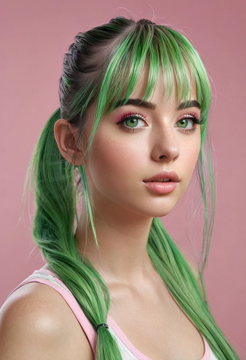 Portrait, photorealistic, realistic, girl, green eyes, clear skin, soft makeup, (very long streaked green/pink hair), bangs, ponytail, realistic soft skin, tight body,