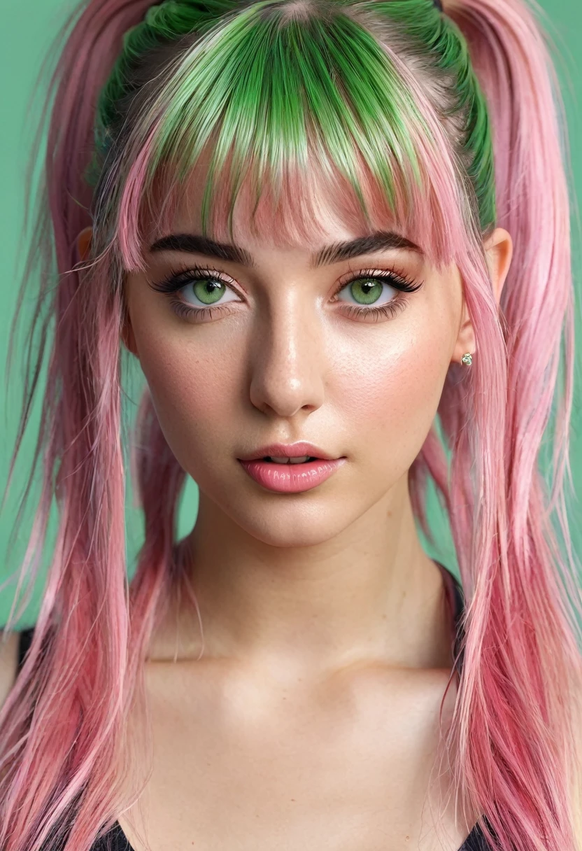 Portrait, photorealistic, realistic, girl, green eyes, clear skin, soft makeup, (very long streaked green/pink hair), bangs, ponytail, realistic soft skin, tight body,