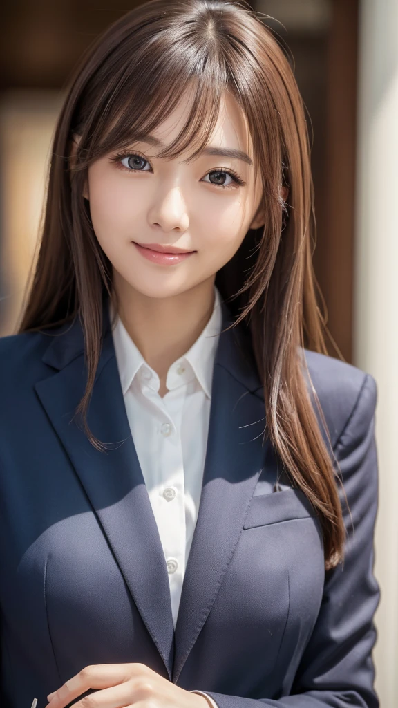 table top、highest quality、genuine、Super detailed、finely、High resolution、8k wallpaper、one beautiful woman、、、light brown disheveled hair、wearing a business suit、sharp focus、perfect dynamic composition、beautiful and detailed eyes、thin hair、Detailed genuine skin texture、smile、model body shape、In Tokyo at morning、