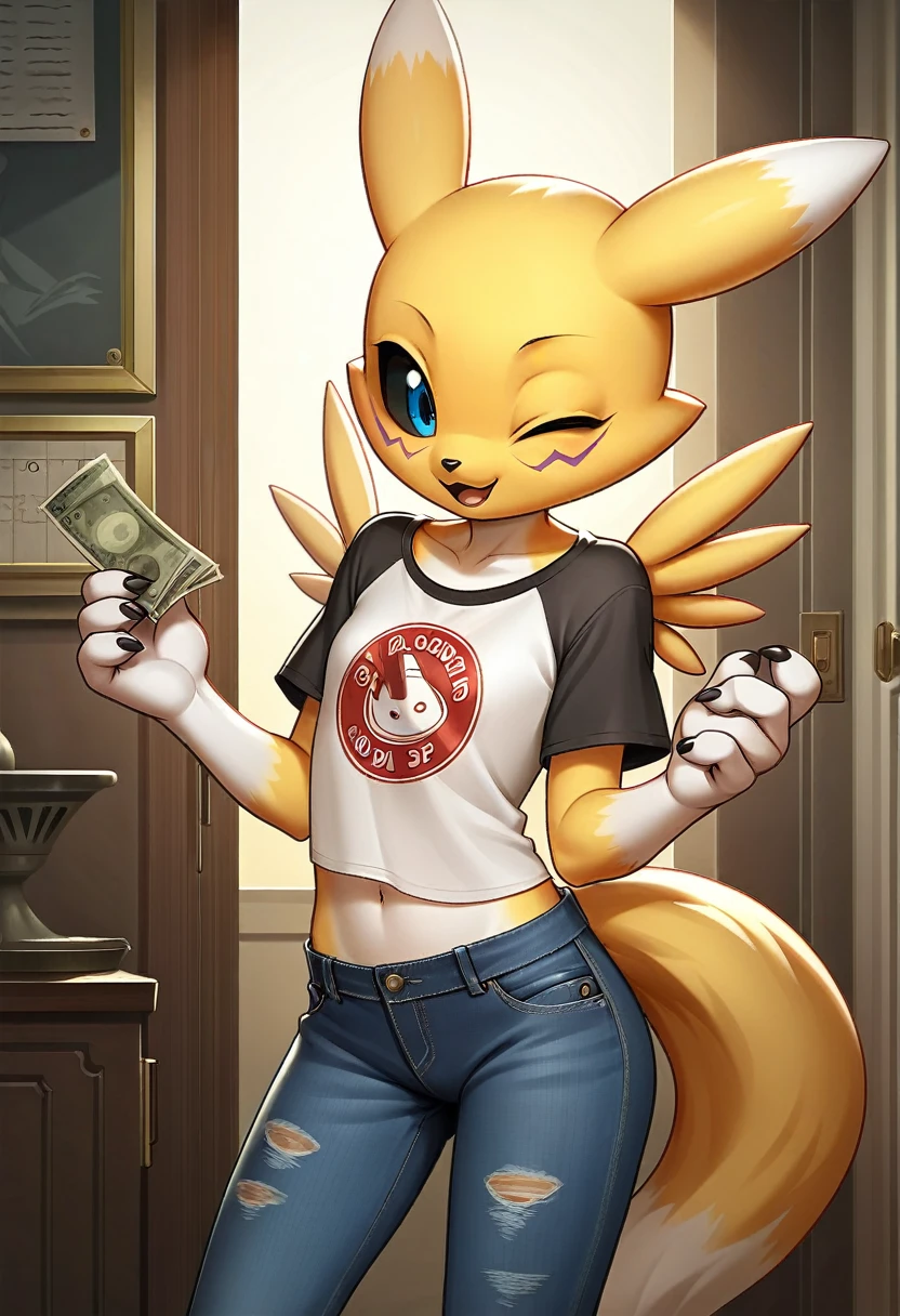 score_9, score_8_up, score_7_up, score_6_up, score_5_up, score_4_up, break, source_anime, hentai, official art, masterpiece, 1girl, renamon (digimon), anthro, cute, petite, very younger, young, small body, uncensored, extralarge t-shirt, large jeans, sexy, hornie, prostitute, dagasi, wink