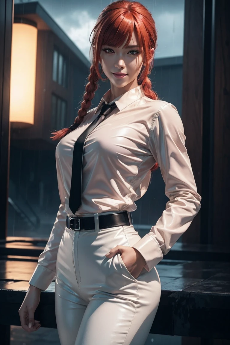 Chainsaw Man,Makima,With bangs,Red Hair,Braids at the back,Golden Eyes,White long sleeve shirt,Black tie,Black Leather Pants,Ultra HD,super high quality,masterpiece,Digital SLR,Photorealistic,Detailed details,Vivid details,Depicted in detail,A detailed face,Detailed details,Super Detail,Realistic skin texture,Anatomical basis,Perfect Anatomy,Anatomically correct hand,Anatomically correct fingers,Complex 3D rendering,Sexy pose,Rainy Sky,Beautiful scenery,Fantastic rainy sky,Picturesque,Pink Lips,smile,