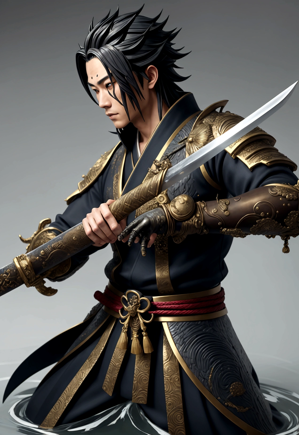 Fixes,(1 male,tanjiro kamado),Demon slayer,beginning'Costume,Holding the Japan sword,water流のエフェクト,Fire effect,Intricate details,,Decadent,artwork,rendering,Dynamic pose,(masterpiece:1.3),(Highest quality:1.4),(Very detailed:1.5),High resolution,Very detailed,unity 8k wallpaper,Dark fantasy,,Glare,Fighting Style,before,Draw artistic background,(Japanese style sculpture:water:Wave:流water),Gold Leaf,Glare,Absurd,Tangled,rendering,Hopeless shape,Looking into the camera,break,The Japanese sword is straight.., thin, Has metallic luster.,Please hold the handle of the Japanese sword.